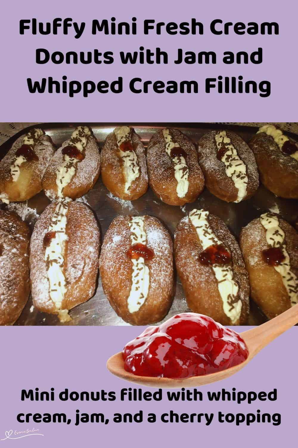 An image of Mini Fresh Cream Donuts with Jam and Whipped Cream Filling and a dollop of jam