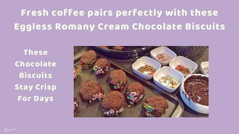 An image of Eggless Romany Cream Biscuits with chocolate filling and dipped in colored sprinkles