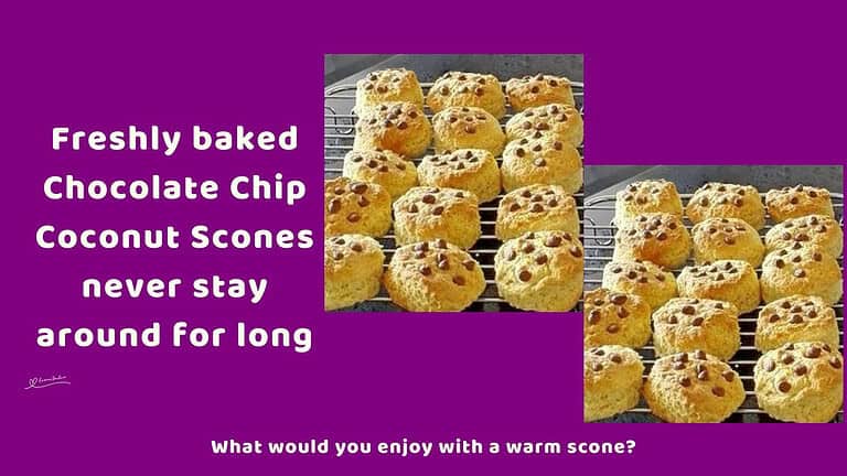 An image of a dozen of Chocolate Chip Coconut Scones on a cooling wire