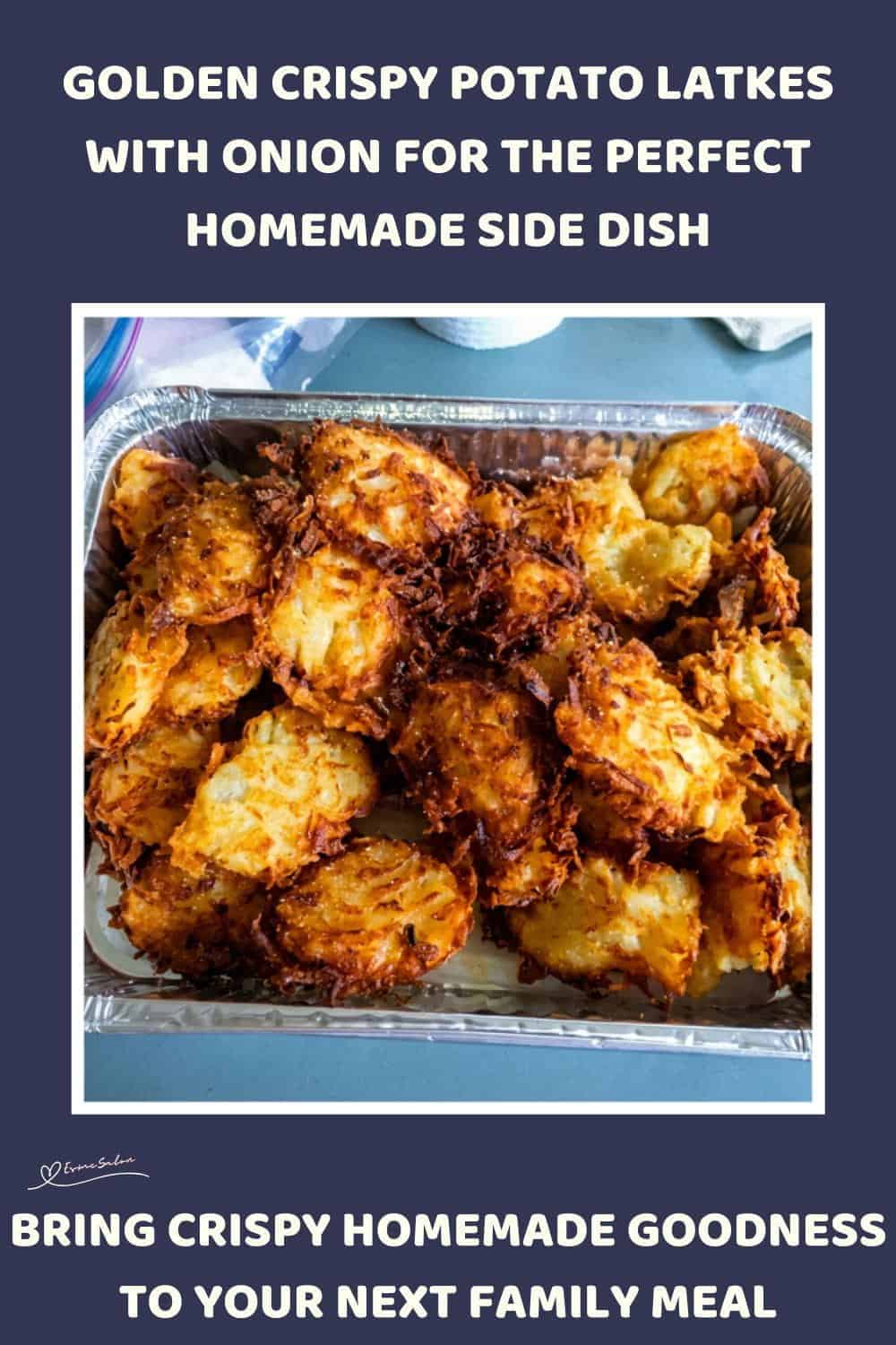 An image of Crispy Potato Latkes in a tinfoil container