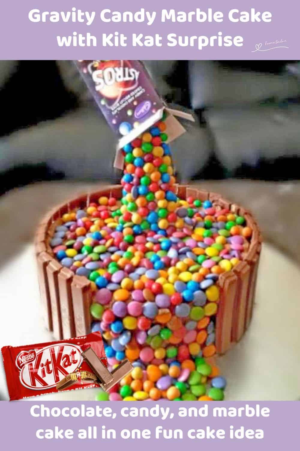 An image of a Gravity Candy Marble Cake with Kit Kat around the border