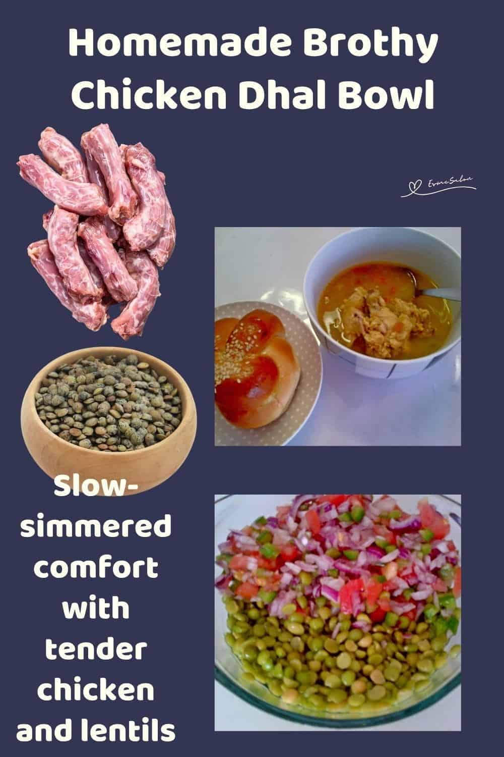 An image of a Brothy Chicken Dhal Bowl with green lentil, chicken neck and curry leaves