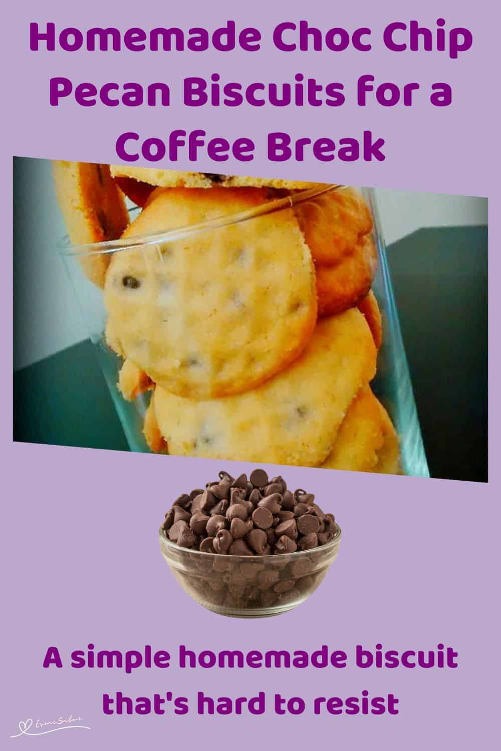 An image of Choc Chip Pecan Biscuits stacked in a glass