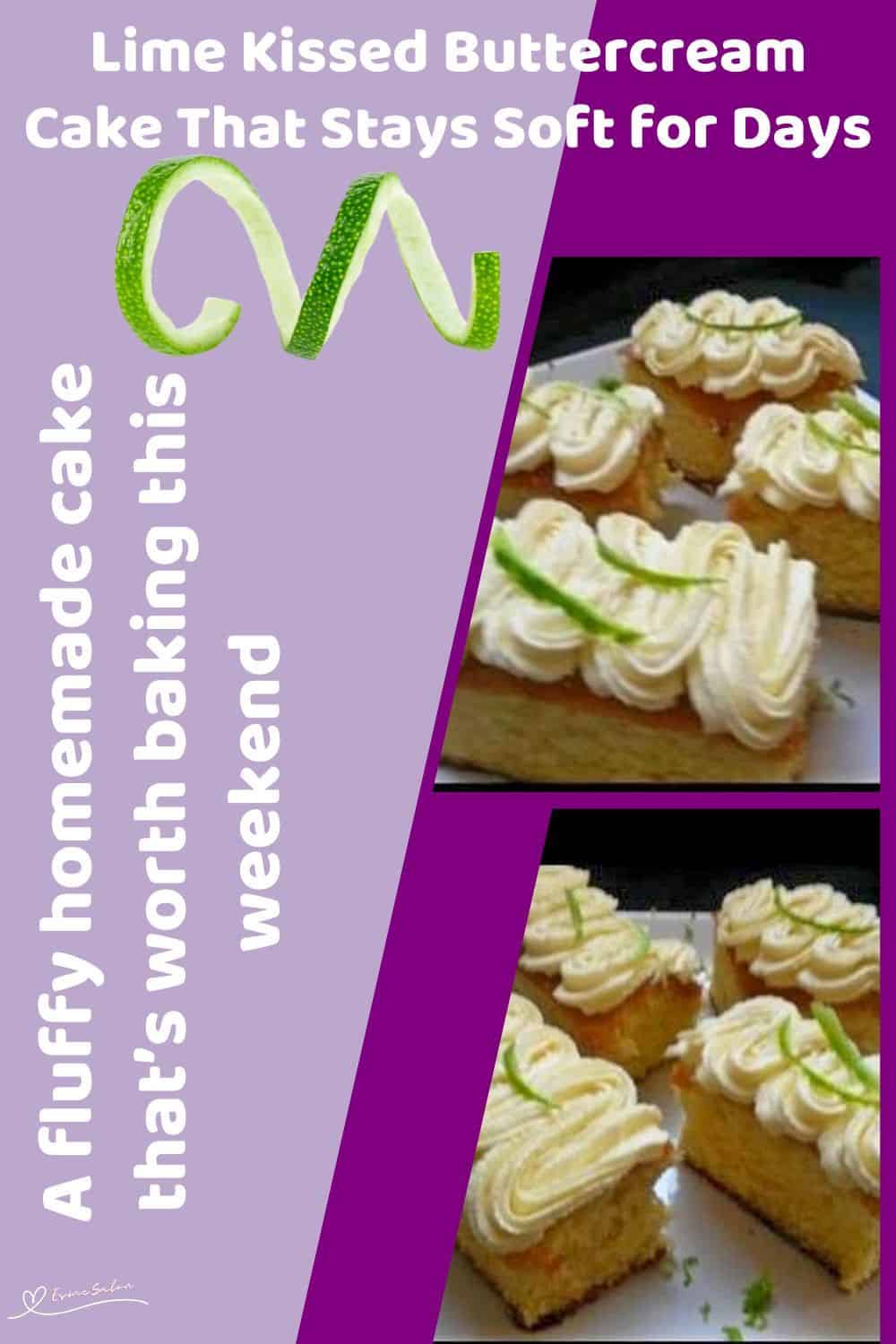 An image of blocks of Lime Buttercream Cake with Lime curls