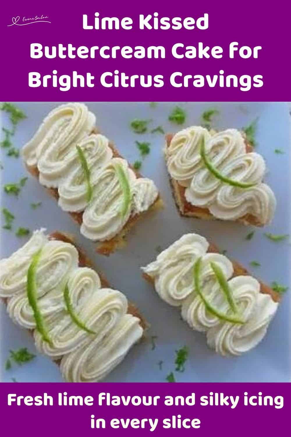 An image of blocks of Lime Buttercream Cake with Lime curls