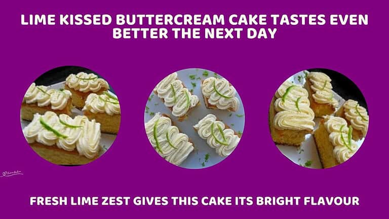 An image of blocks of Lime Buttercream Cake with Lime curls