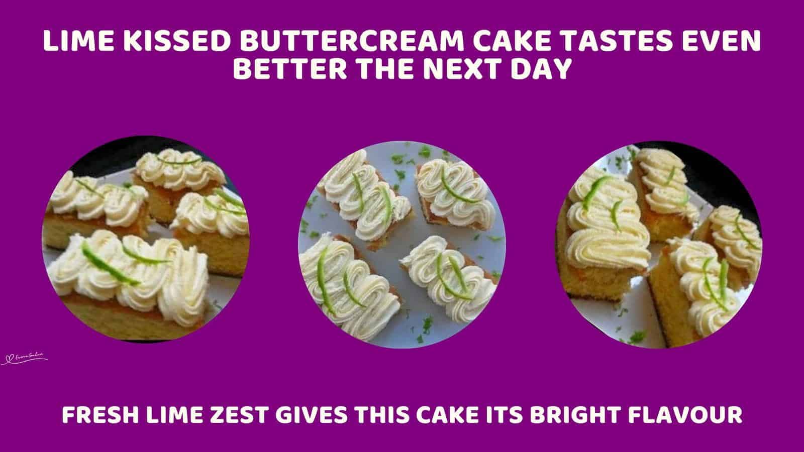 An image of blocks of Lime Buttercream Cake with Lime curls