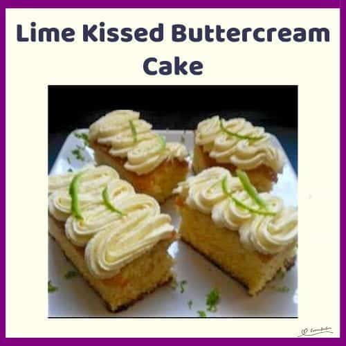 An image of blocks of Lime Buttercream Cake with Lime curls