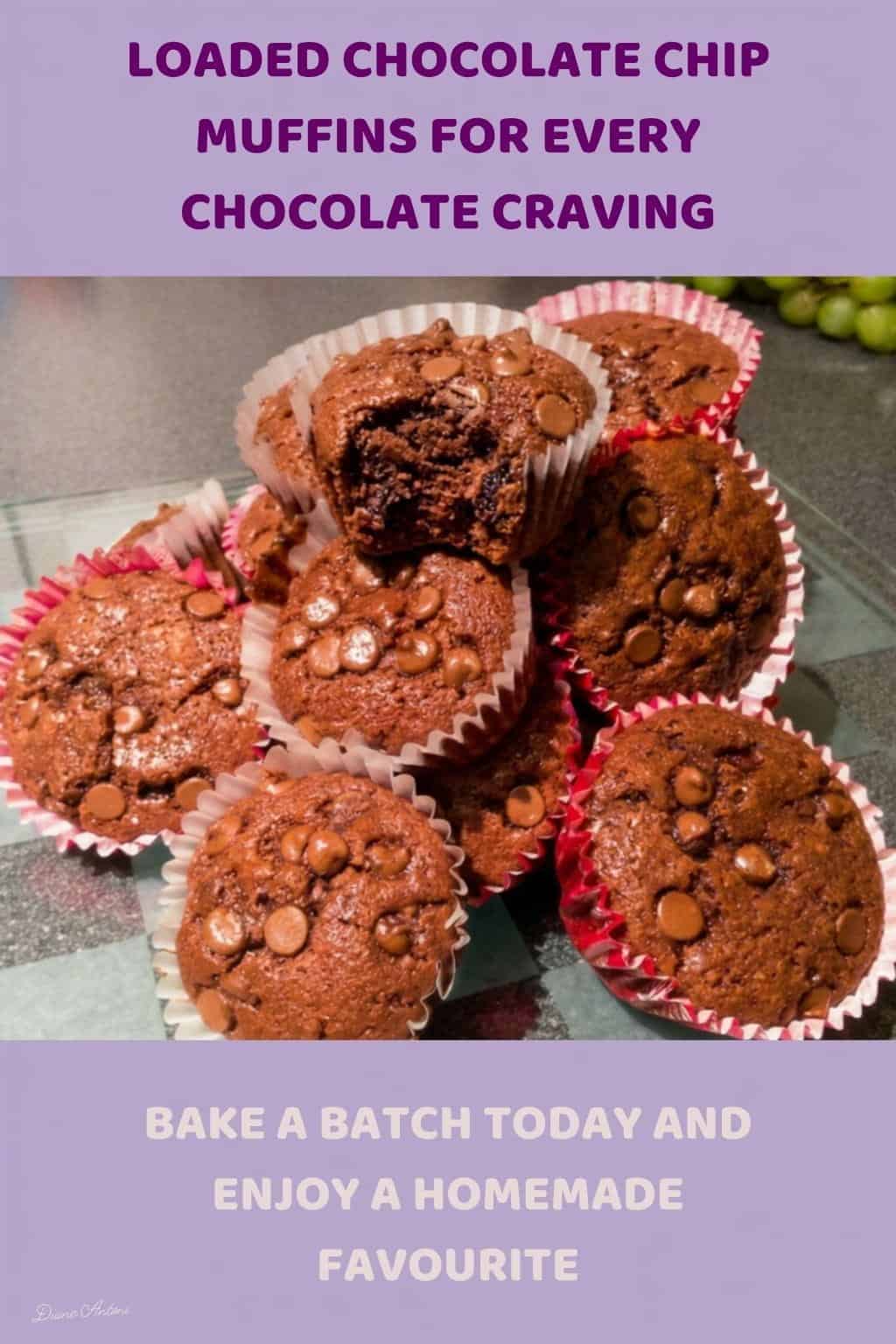 An image of Chocolate Chip Muffins in cupcake paper holders and decorated with chocolate chips