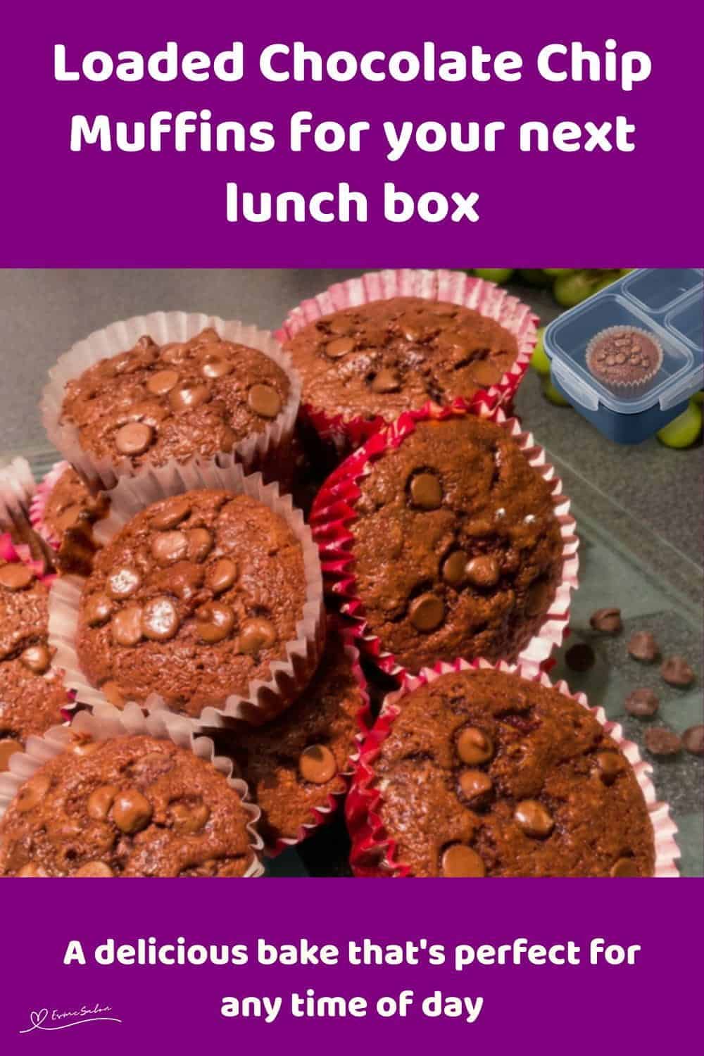 An image of Chocolate Chip Muffins in cupcake paper holders and decorated with chocolate chips