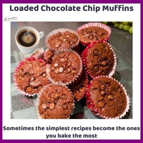An image of Chocolate Chip Muffins in cupcake paper holders and decorated with chocolate chips