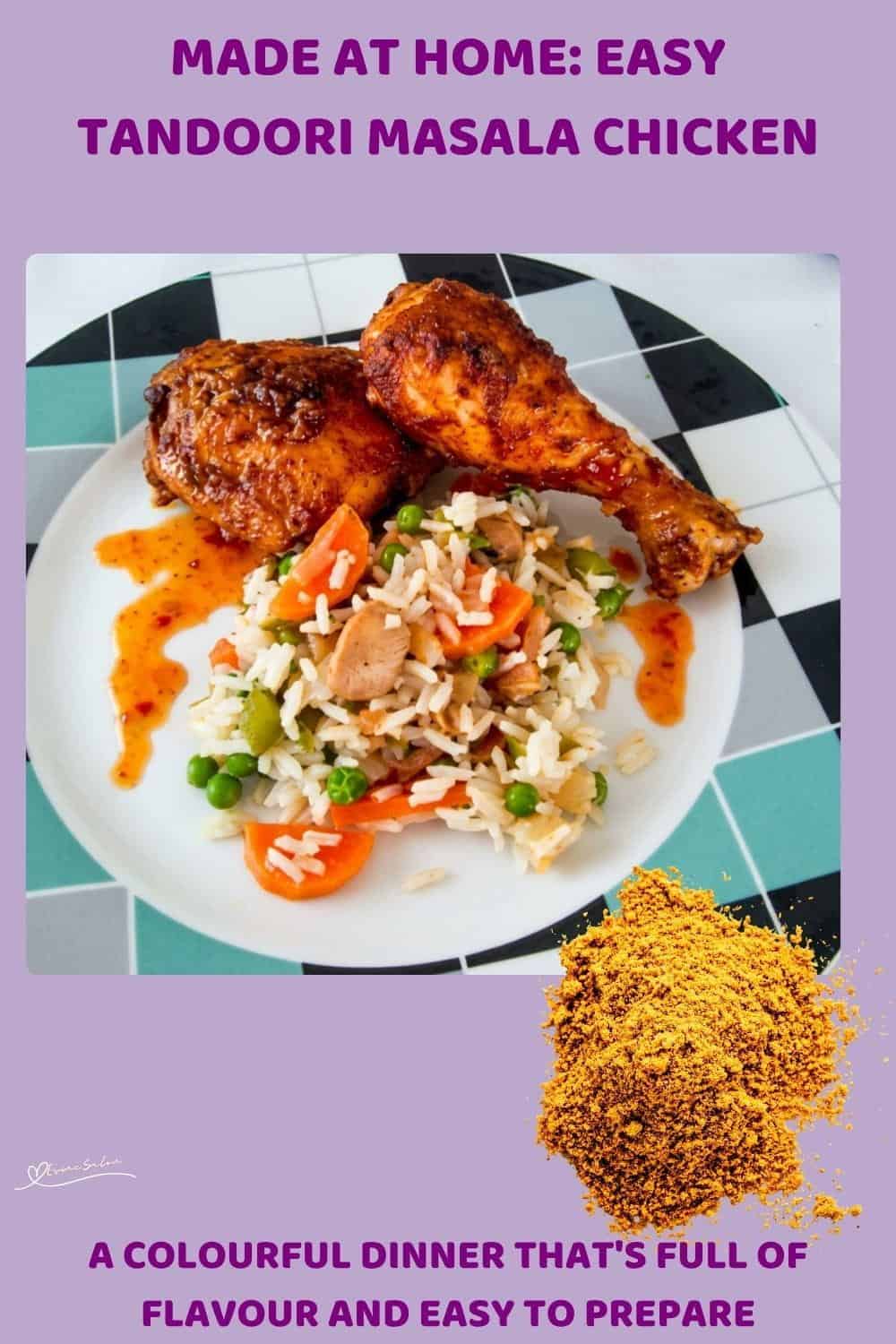 An image of 2 pieces of Tandoori Masala Chicken with colorful veggie rice
