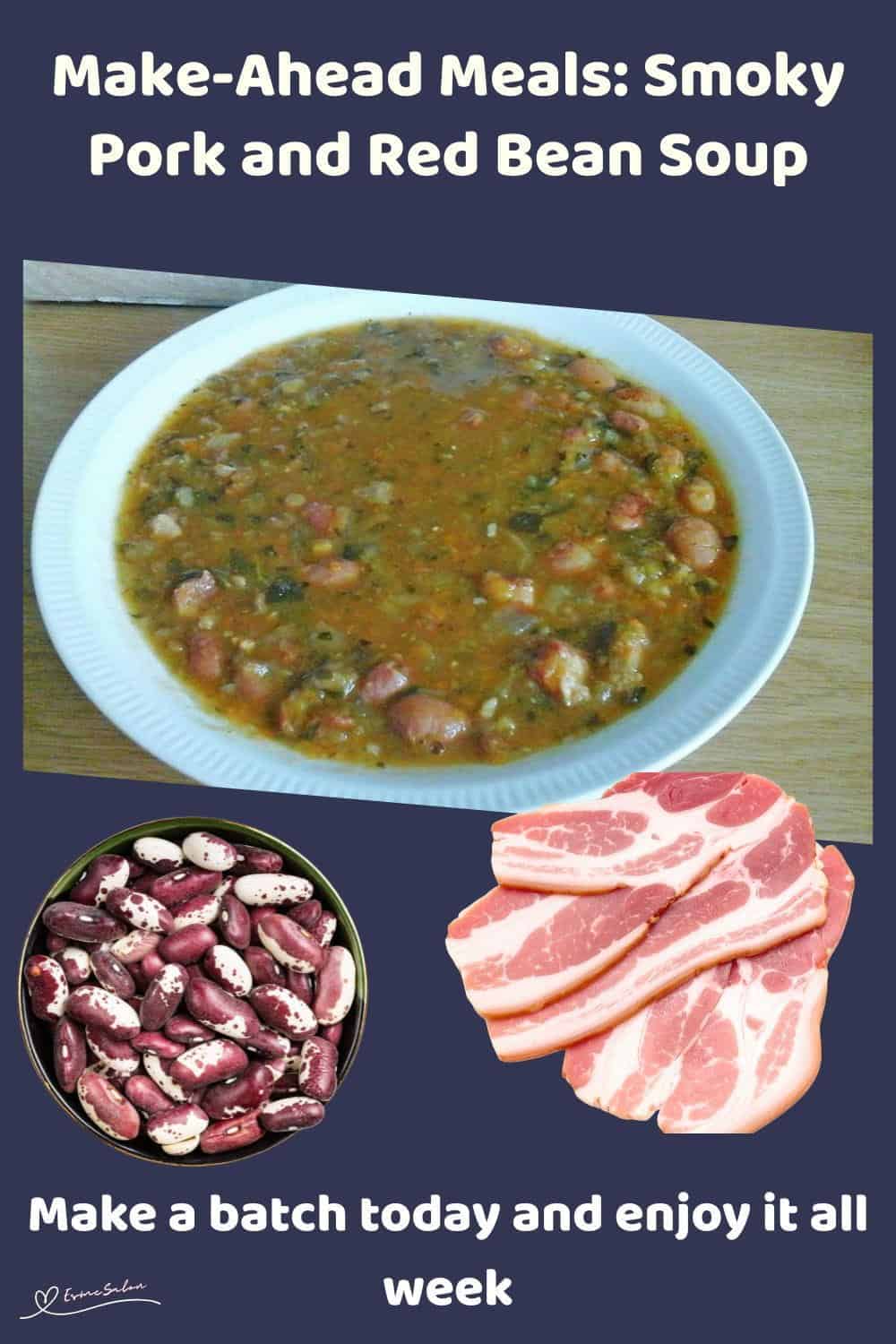 An image of a white bowl of Smoky Pork and Red Bean Soup with loads of vegetables and pork rashers