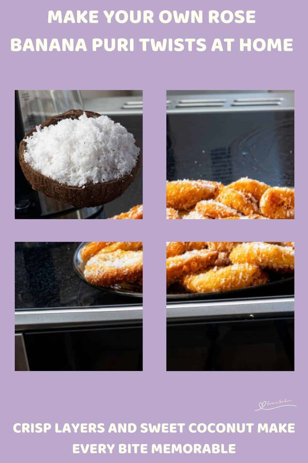 An image of Rose Banana Puri Twists covered in shredded coconut
