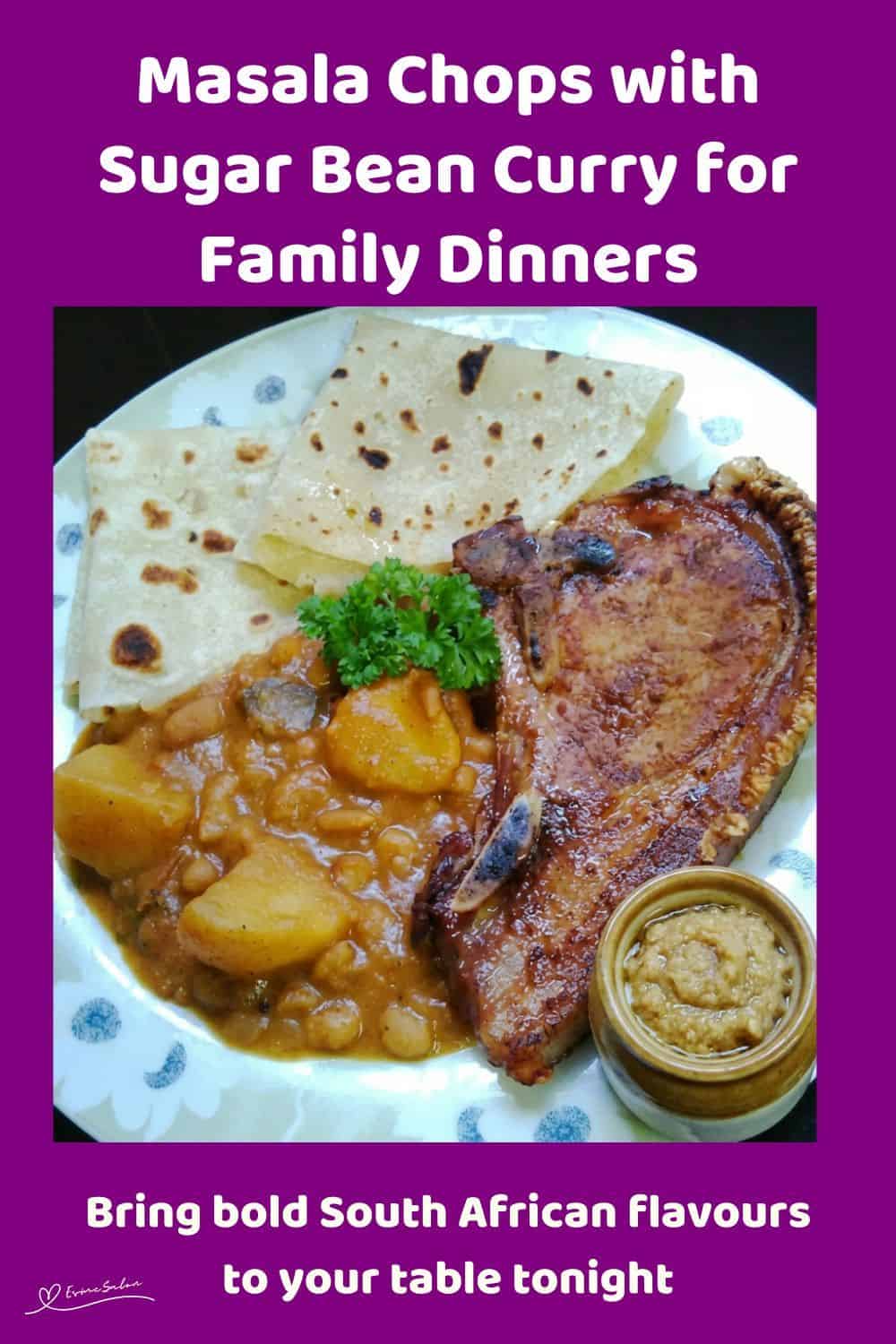 An image of a single Masala Chop with Sugar Bean Curry and roti