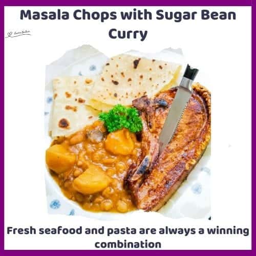 An image of a single Masala Chop with Sugar Bean Curry and roti