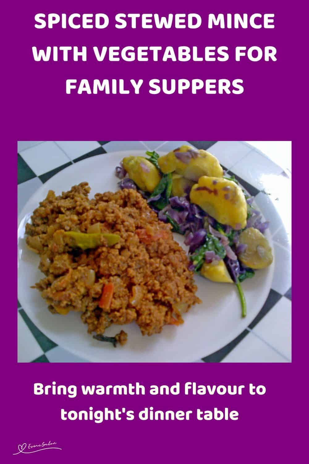 An image of a plate with Spiced Stewed Mince with potatoes and red cabbage
