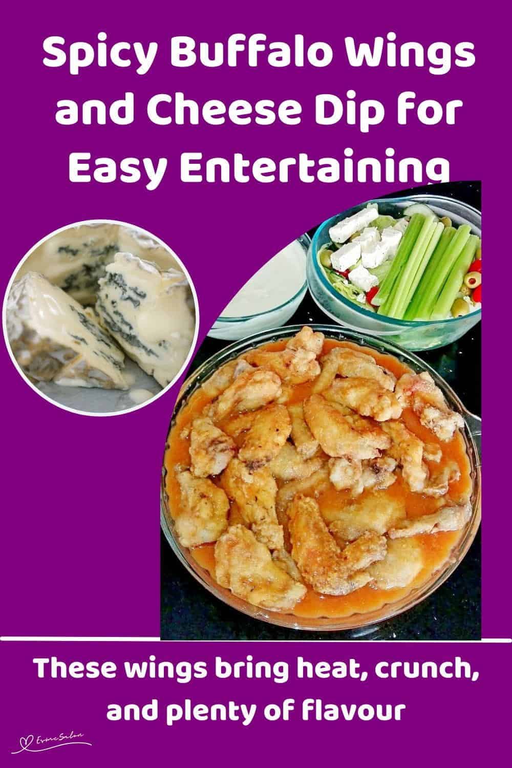An image of Spicy Buffalo Wings and a Blue Cheese Dip served with celery sticks