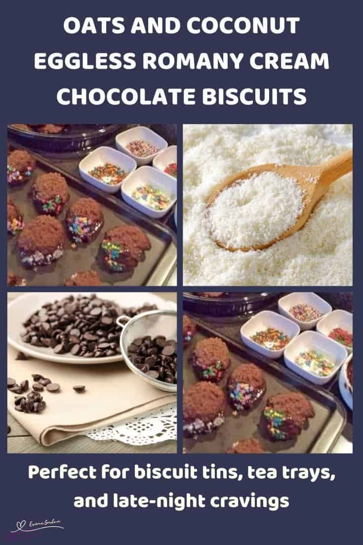 An image of Eggless Romany Cream Biscuits with chocolate filling and dipped in colored sprinkles