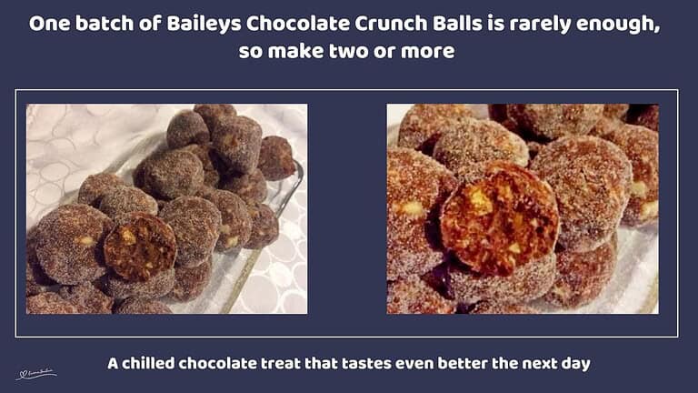 An image of a glass tray filled with Baileys Chocolate Crunch Balls made of nuts, chocolate chips and wafer biscuits