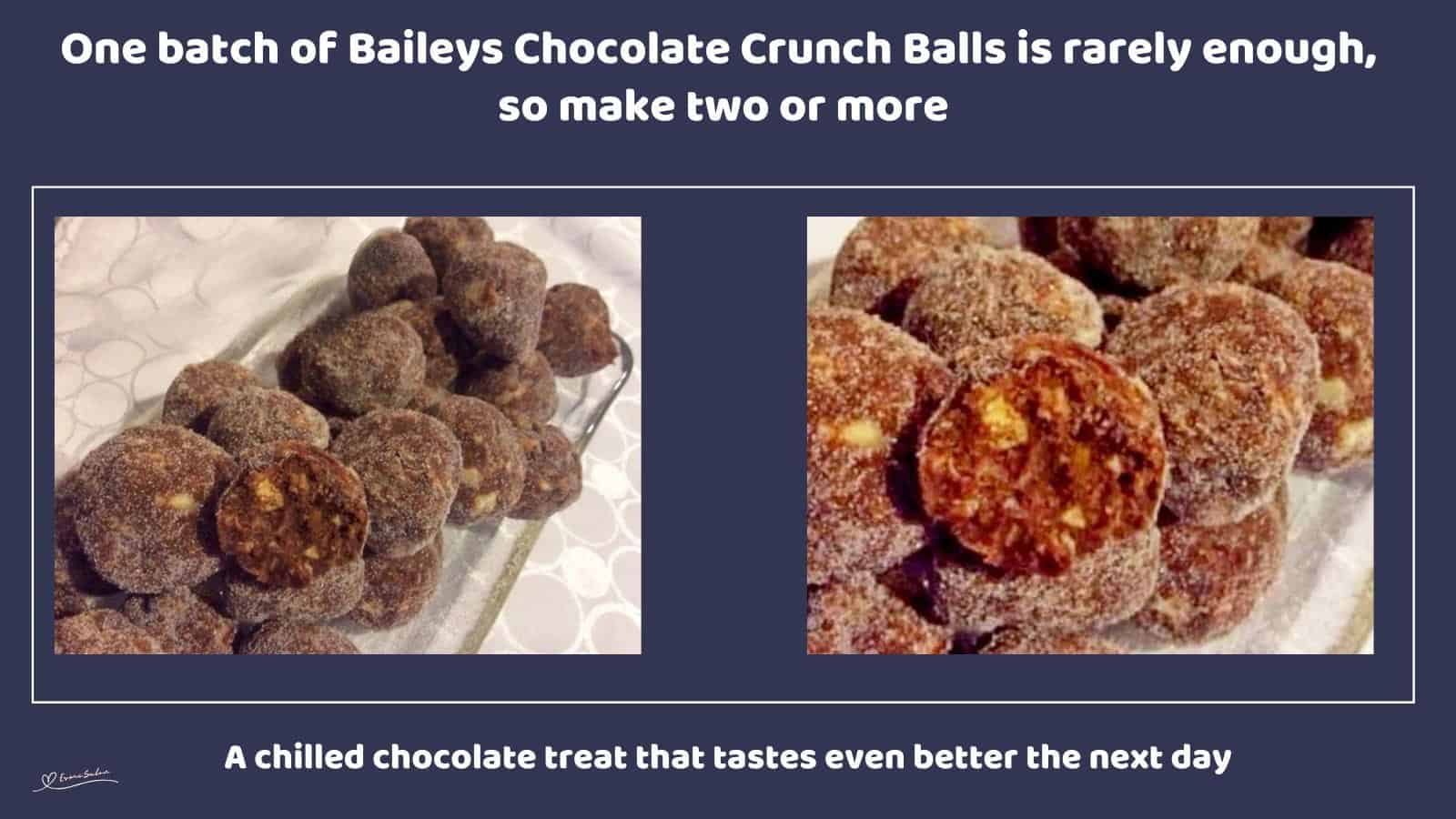 An image of a glass tray filled with Baileys Chocolate Crunch Balls made of nuts, chocolate chips and wafer biscuits
