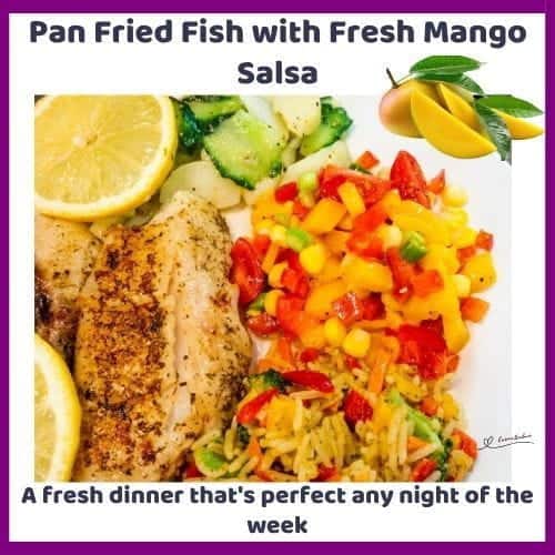 An image of Fried Fish, with lemon and Fresh Mango Salsa