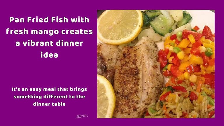 An image of Fried Fish, with lemon and Fresh Mango Salsa