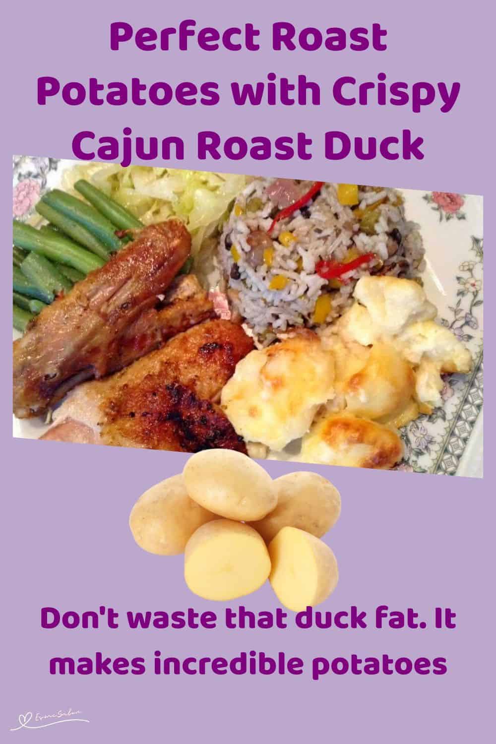 An image of Crispy Cajun Roast Duck with roasted potatoes, green beans and rice on the side