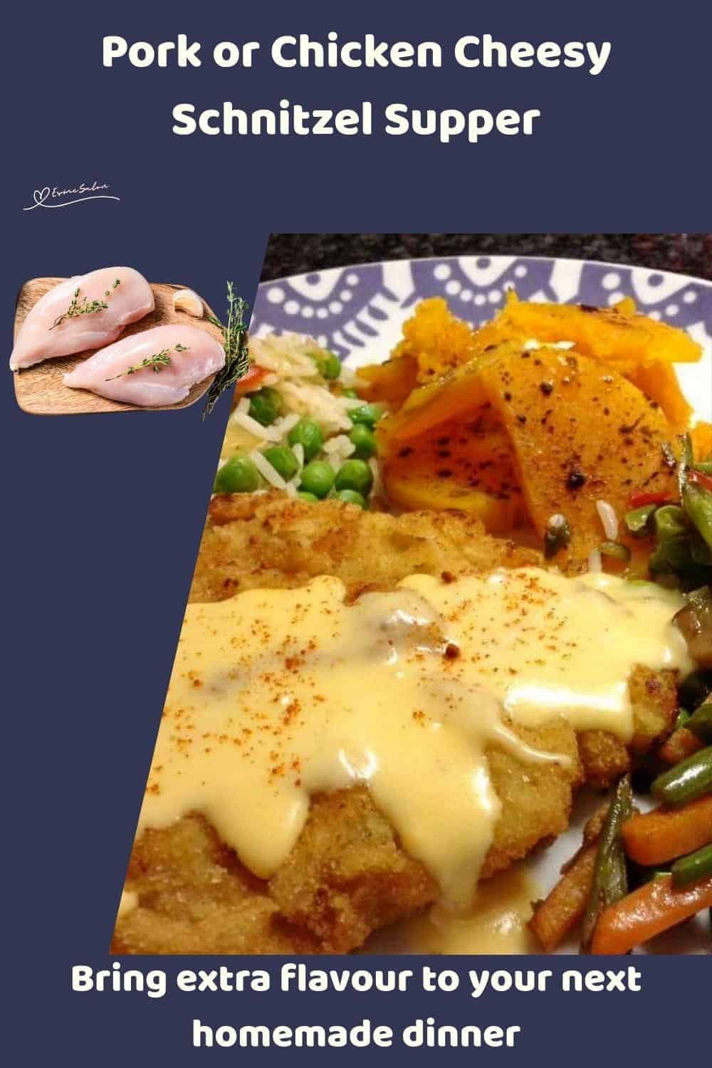 An image of Cheesy Schnitzel Supper with a Rich Cheese Sauce and Veggies on the side