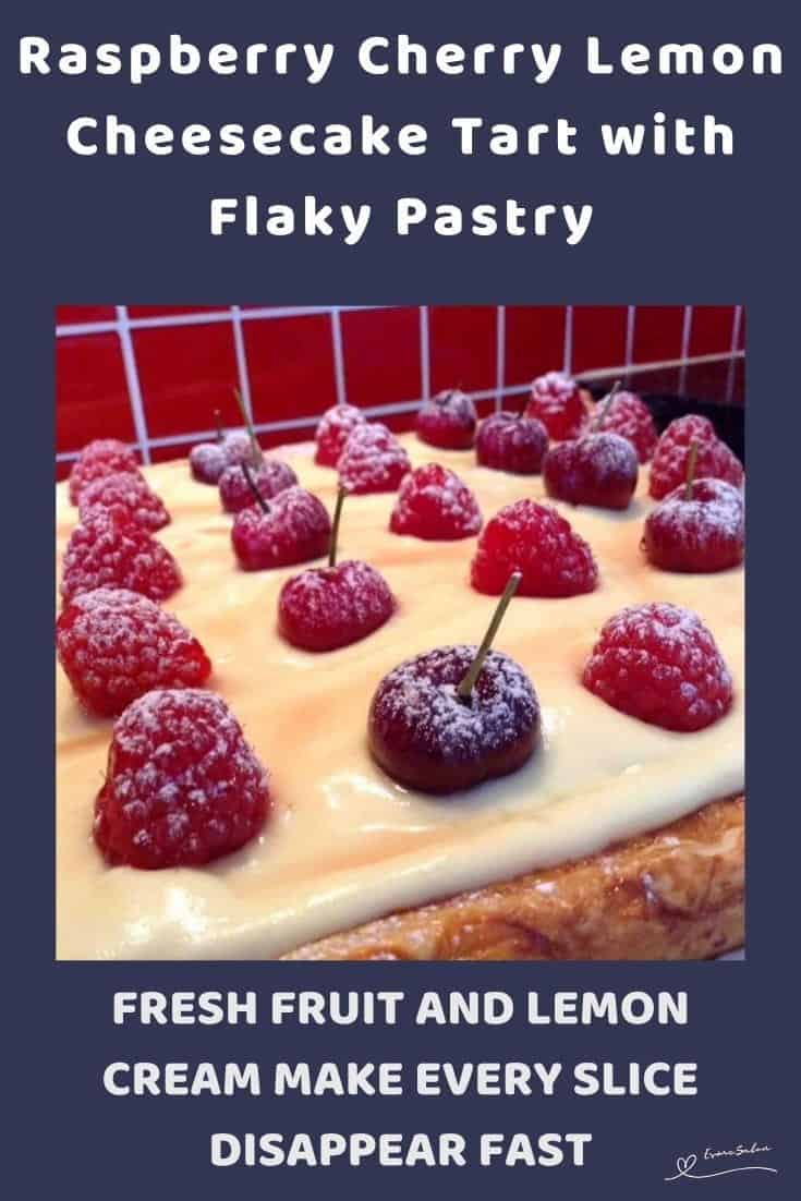 An image of a Raspberry Cherry Lemon Cheesecake Tart