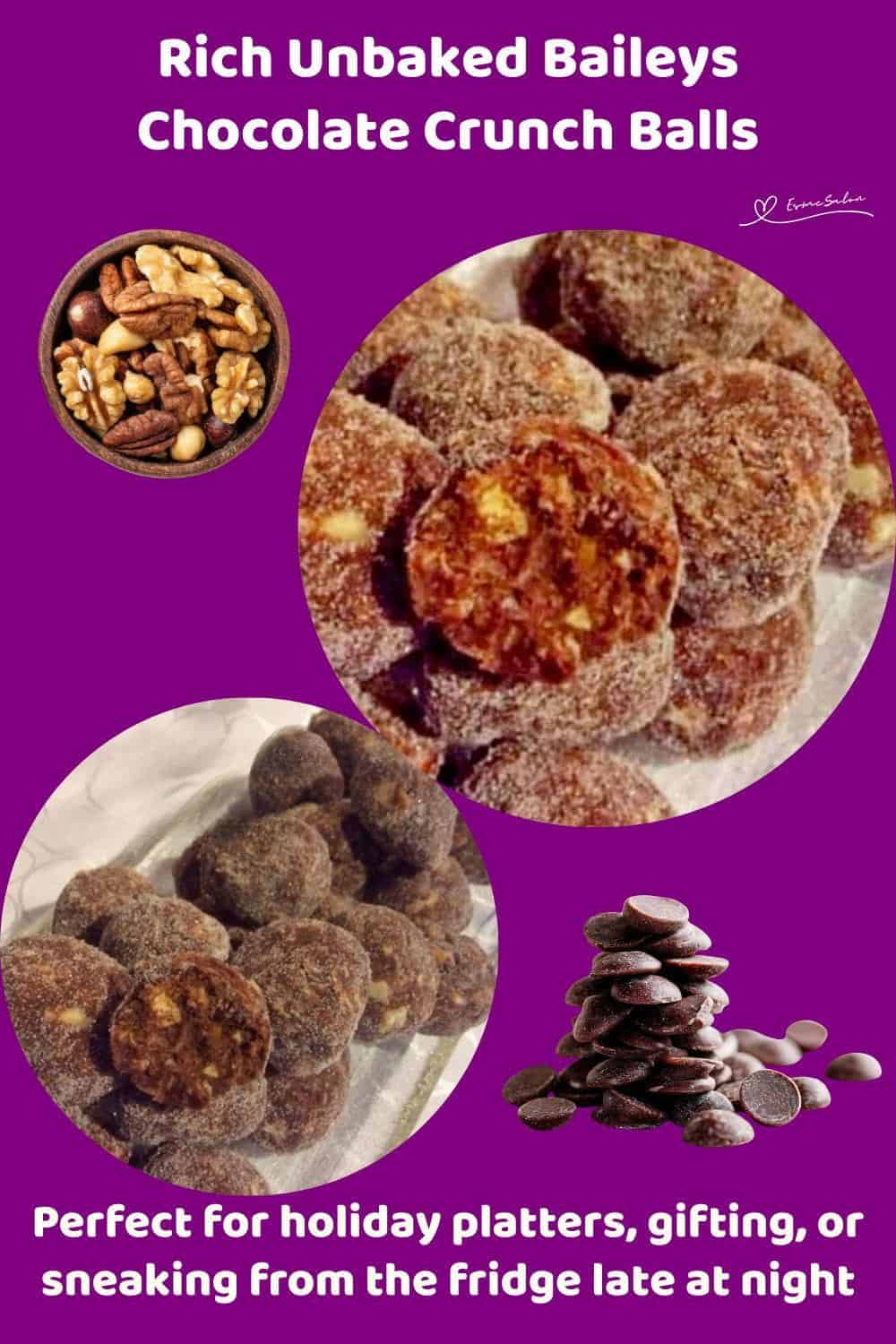 An image of a glass tray filled with Baileys Chocolate Crunch Balls made of nuts, chocolate chips and wafer biscuits