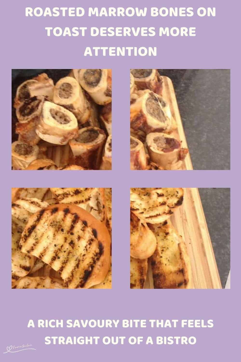 An image of a wooden board filled with Roasted Marrow Bones and Toast on the side