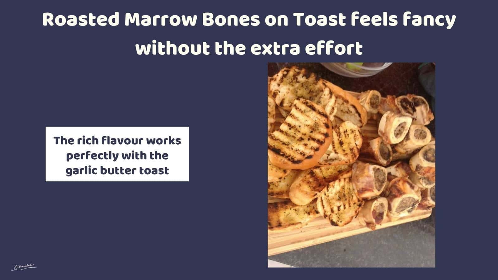 An image of a wooden board filled with Roasted Marrow Bones and Toast on the side