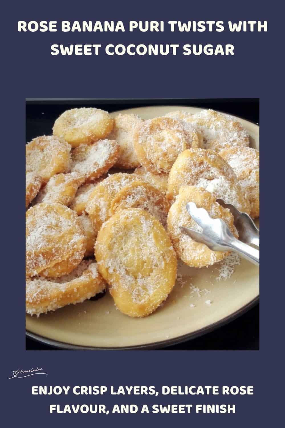An image of Rose Banana Puri Twists covered in shredded coconut
