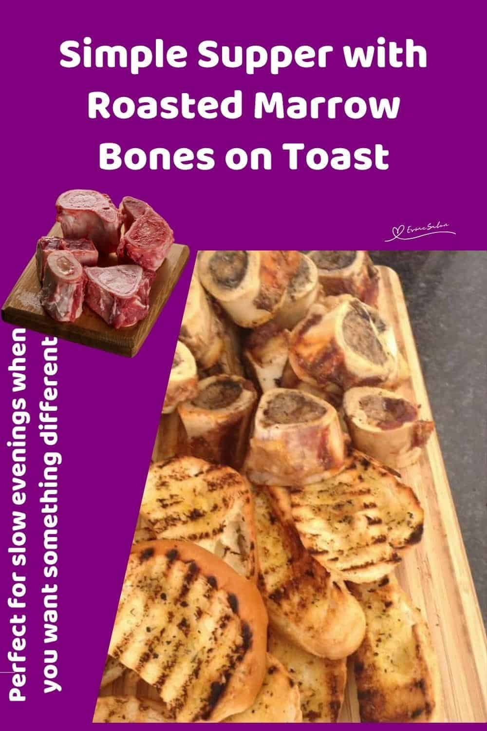 An image of a wooden board filled with Roasted Marrow Bones and Toast on the side