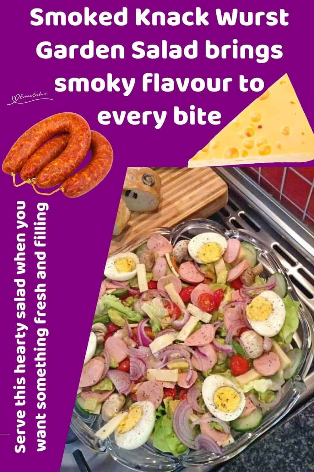 An image of a plate with Smoked Knack Wurst Garden Salad, with Creamy Avocado and Emmenthal Cheese