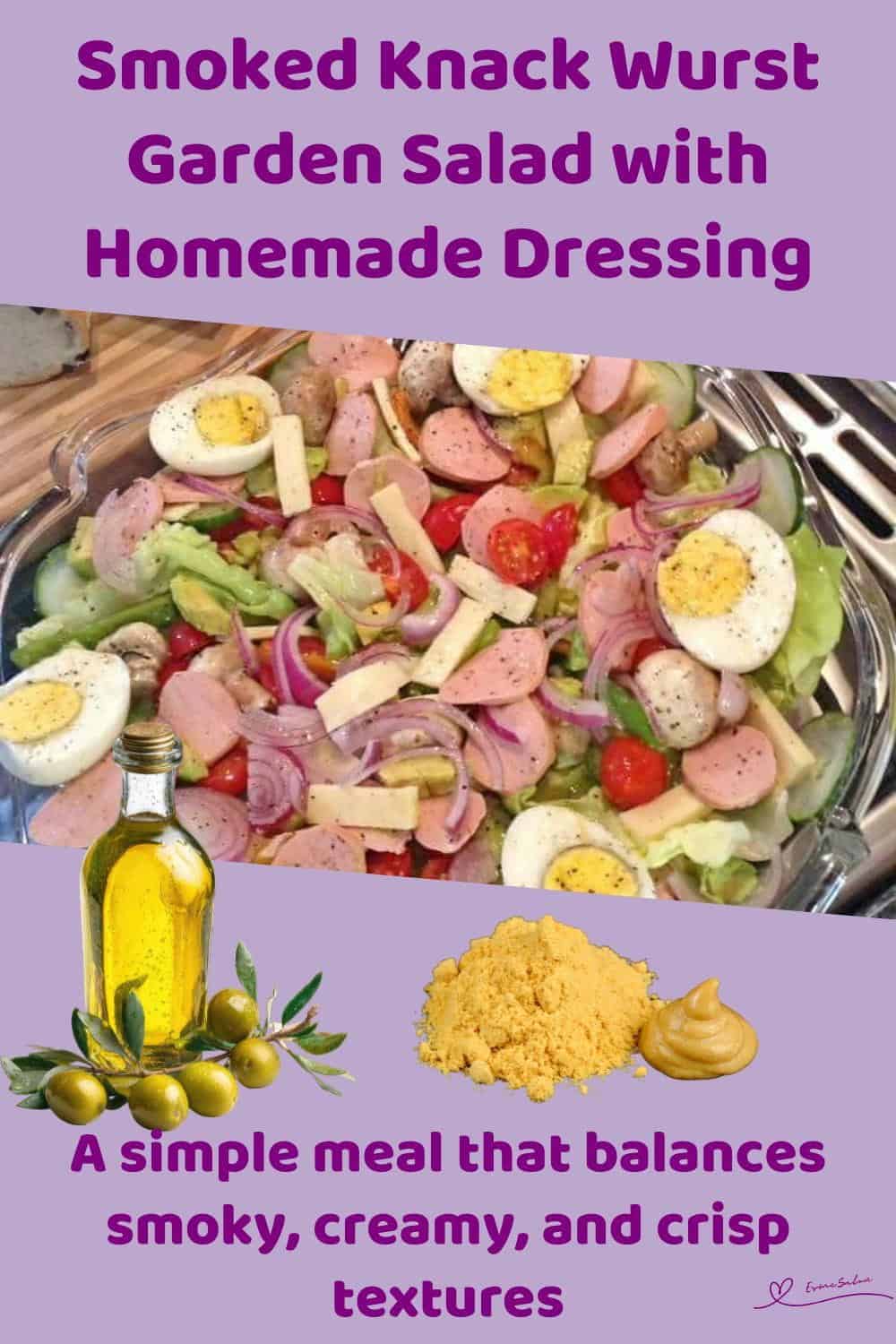 An image of a plate with Smoked Knack Wurst Garden Salad, with Creamy Avocado and Emmenthal Cheese