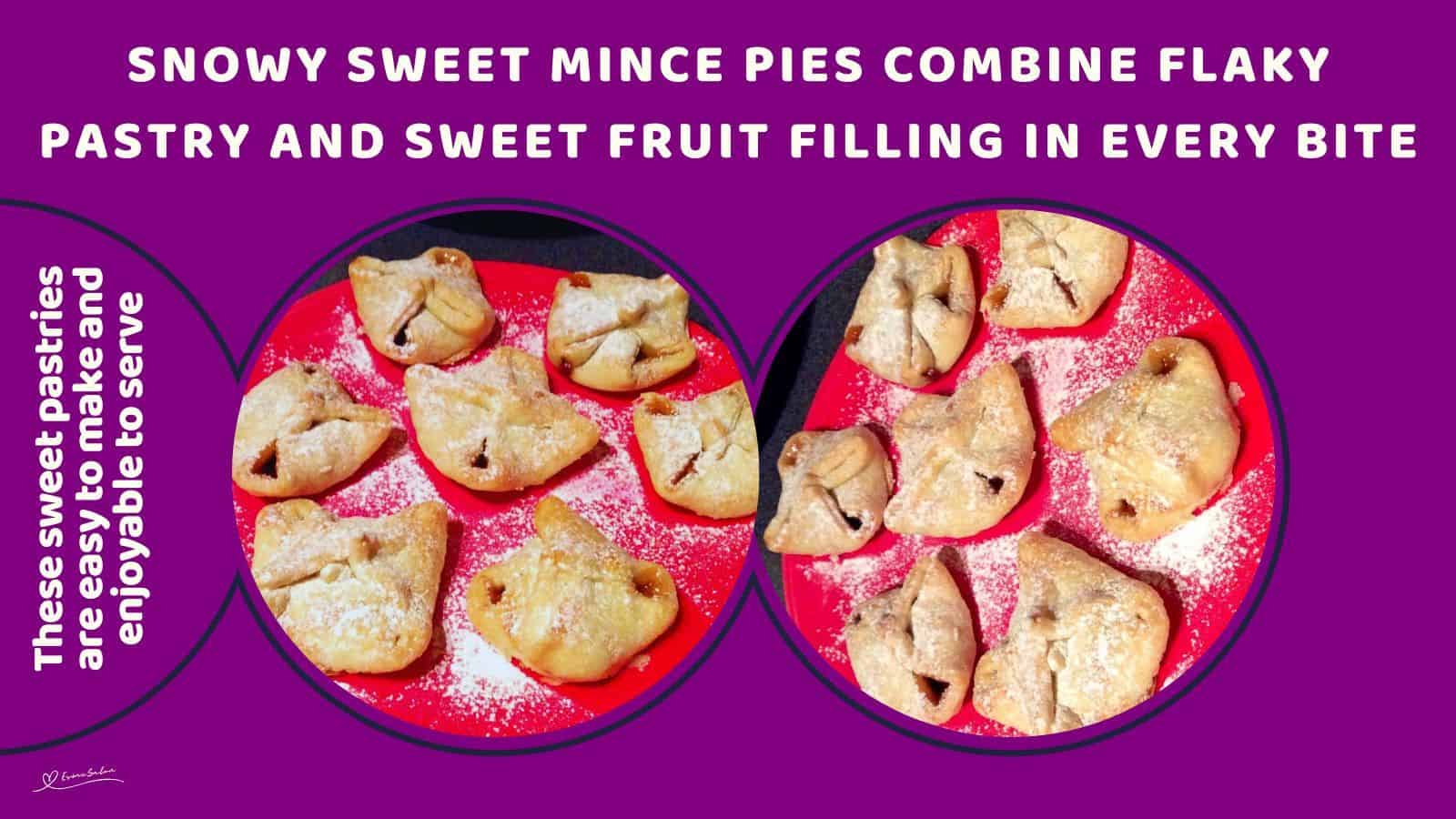 An image of Sweet Mince Pies dusted with icing sugar or a red plate