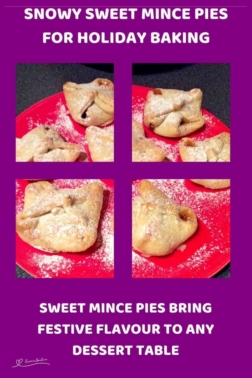 An image of Sweet Mince Pies dusted with icing sugar or a red plate