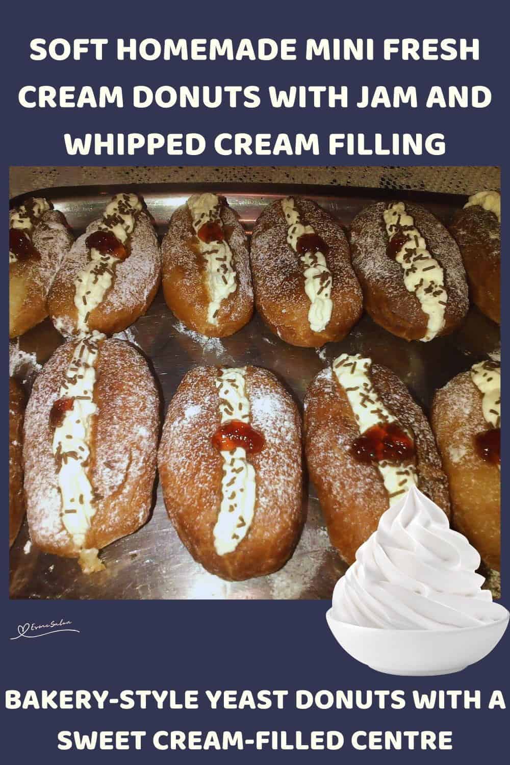 An image of Mini Fresh Cream Donuts with Jam and Whipped Cream Filling and a dollop of jam