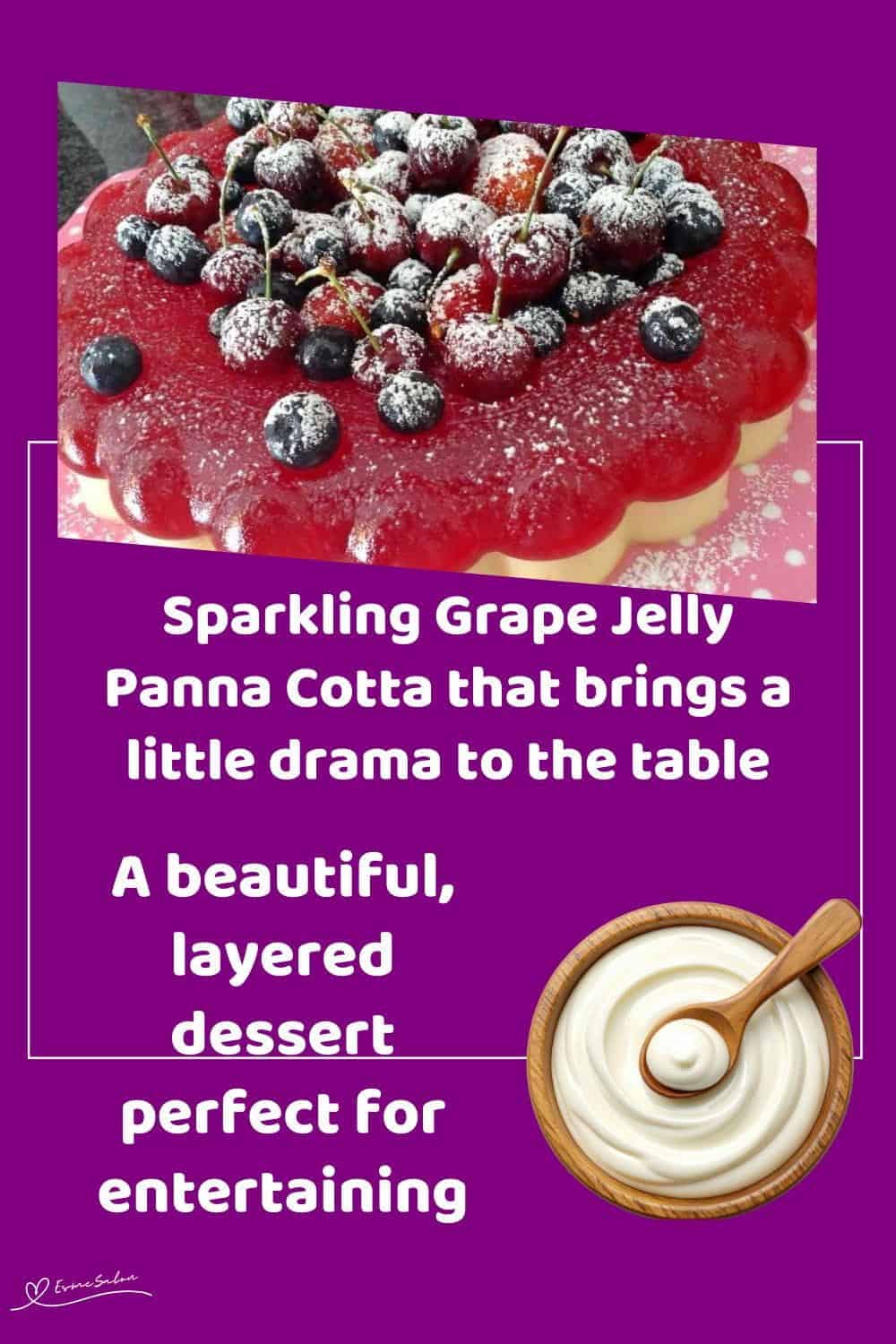An image of a Sparkling Grape Jelly Panna Cotta, decorated with frosted cherries and fresh berries and a dusting of icing sugar