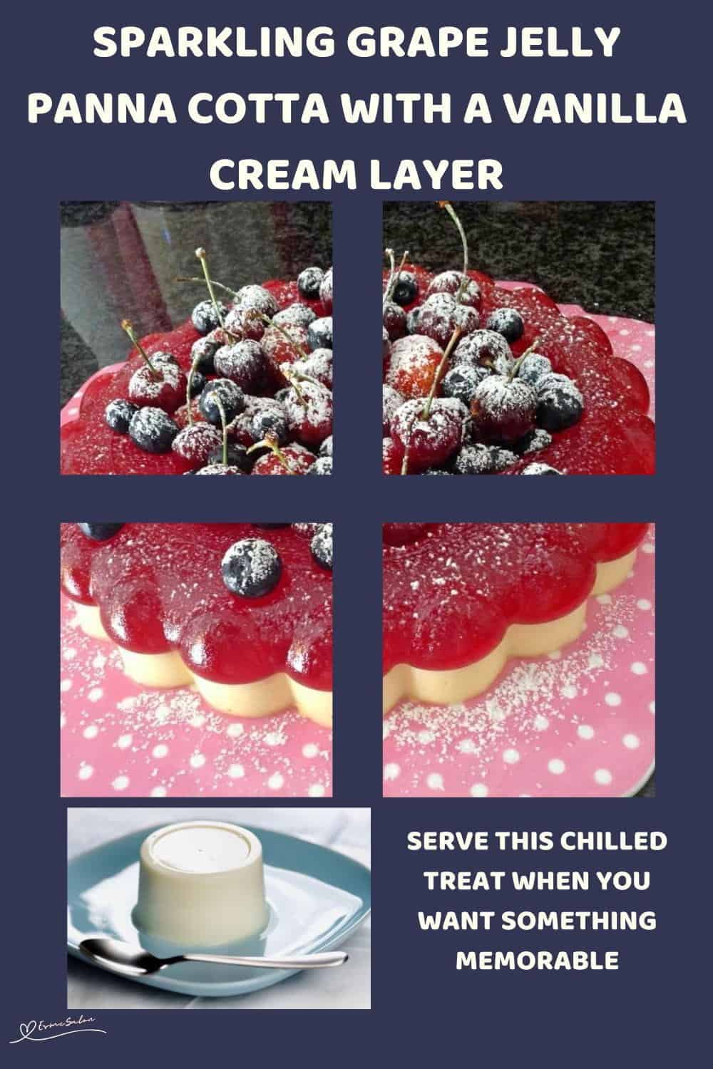 An image of a Sparkling Grape Jelly Panna Cotta, decorated with frosted cherries and fresh berries and a dusting of icing sugar