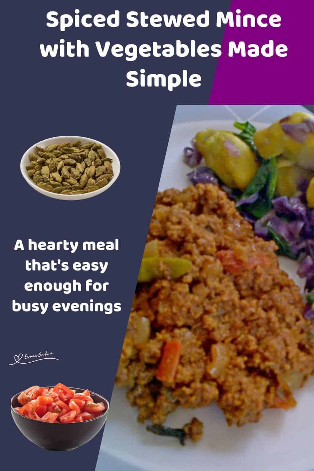 An image of a plate with Spiced Stewed Mince with potatoes and red cabbage