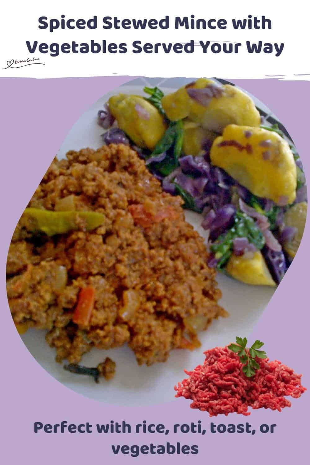 An image of a plate with Spiced Stewed Mince with potatoes and red cabbage