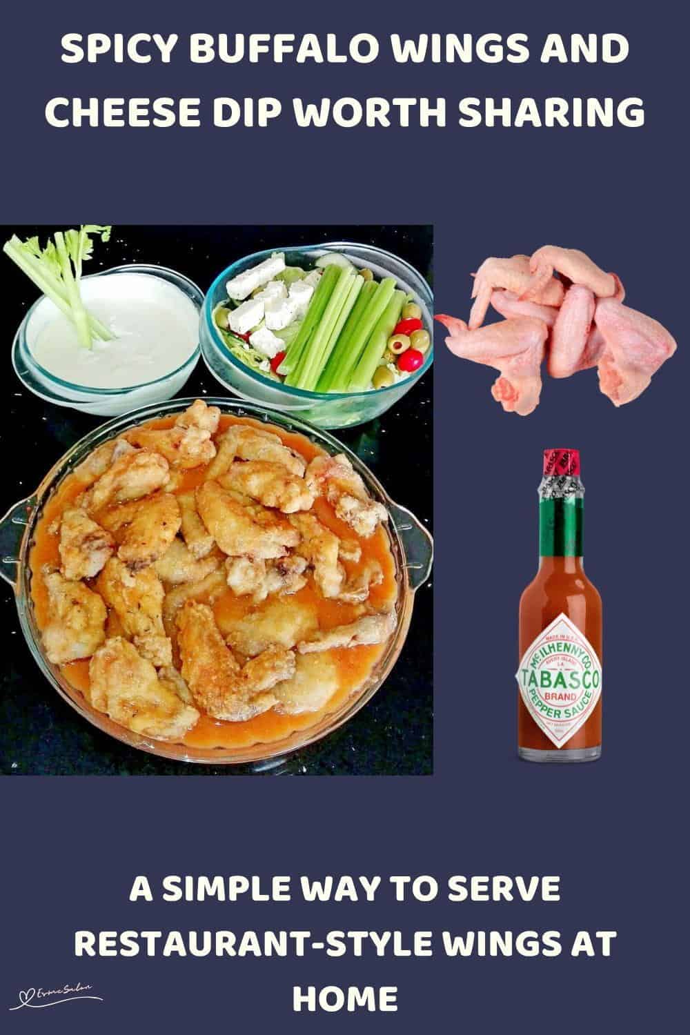 An image of Spicy Buffalo Wings and a Blue Cheese Dip served with celery sticks
