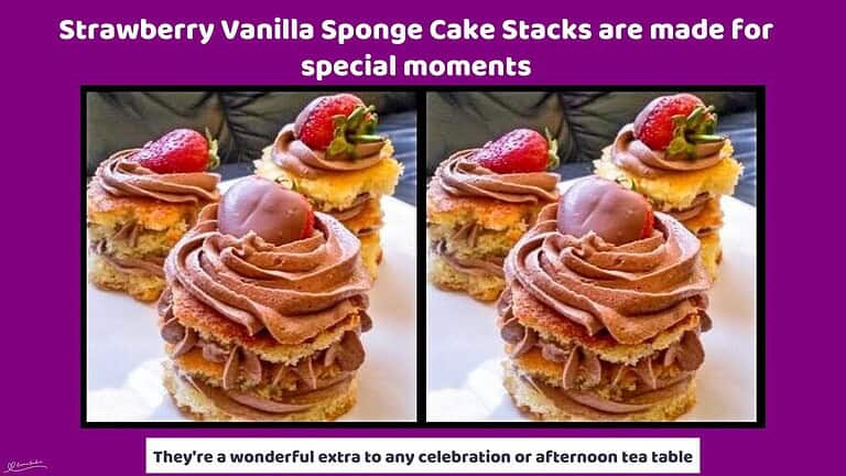 An image of Strawberry Vanilla Sponge Cake Stacks with chocolate icing and decorated with fresh strawberries