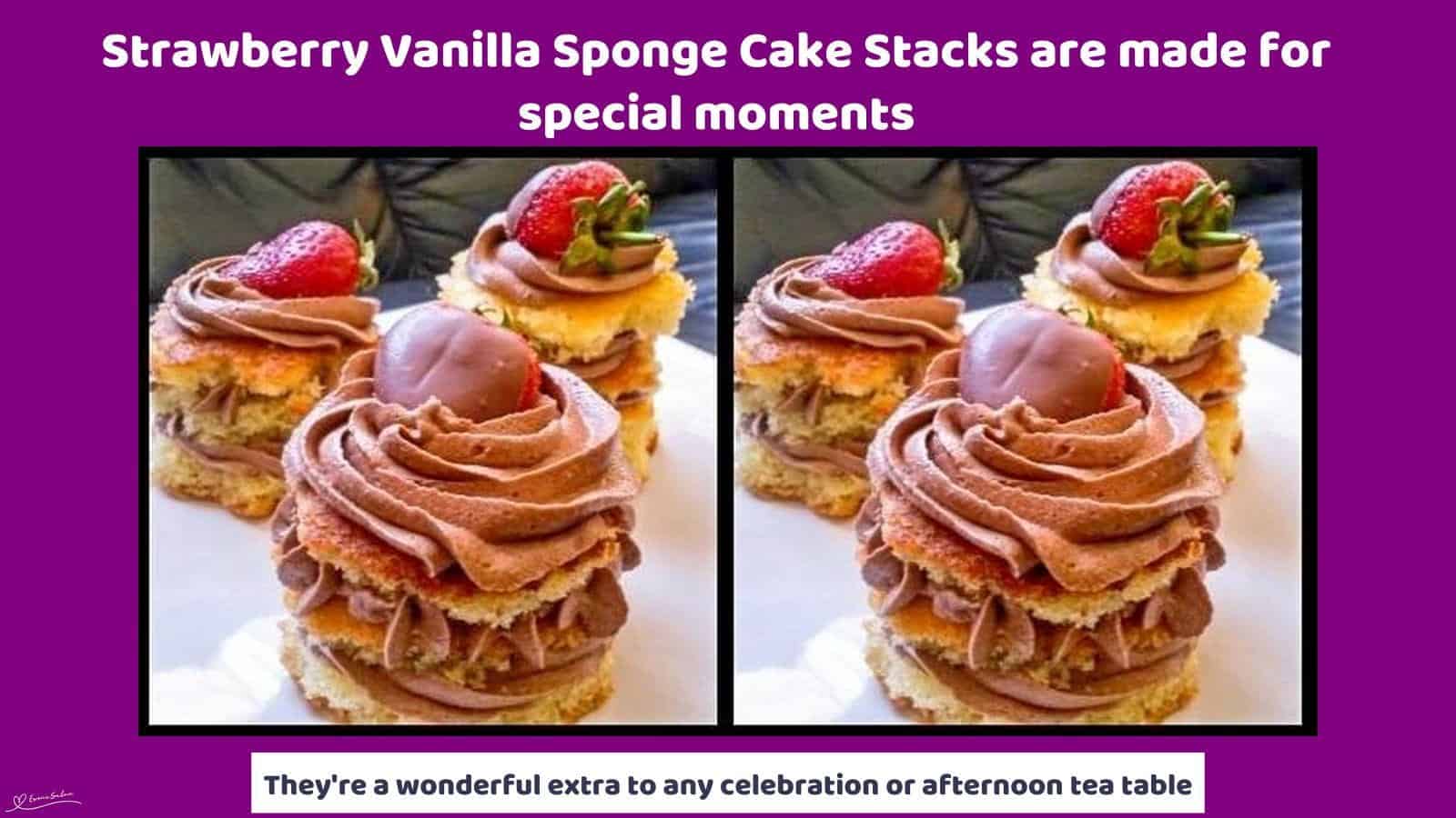 An image of Strawberry Vanilla Sponge Cake Stacks with chocolate icing and decorated with fresh strawberries