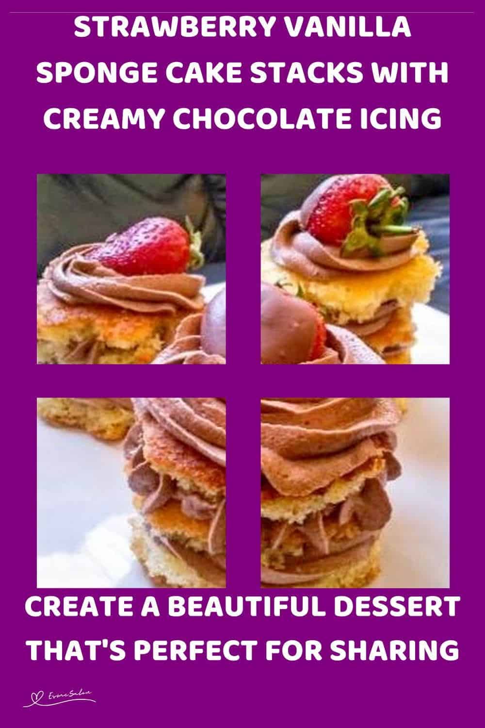 An image of Strawberry Vanilla Sponge Cake Stacks with chocolate icing and decorated with fresh strawberries