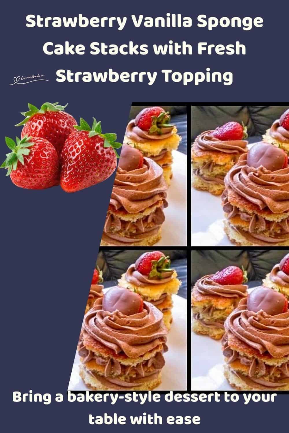 An image of Strawberry Vanilla Sponge Cake Stacks with chocolate icing and decorated with fresh strawberries