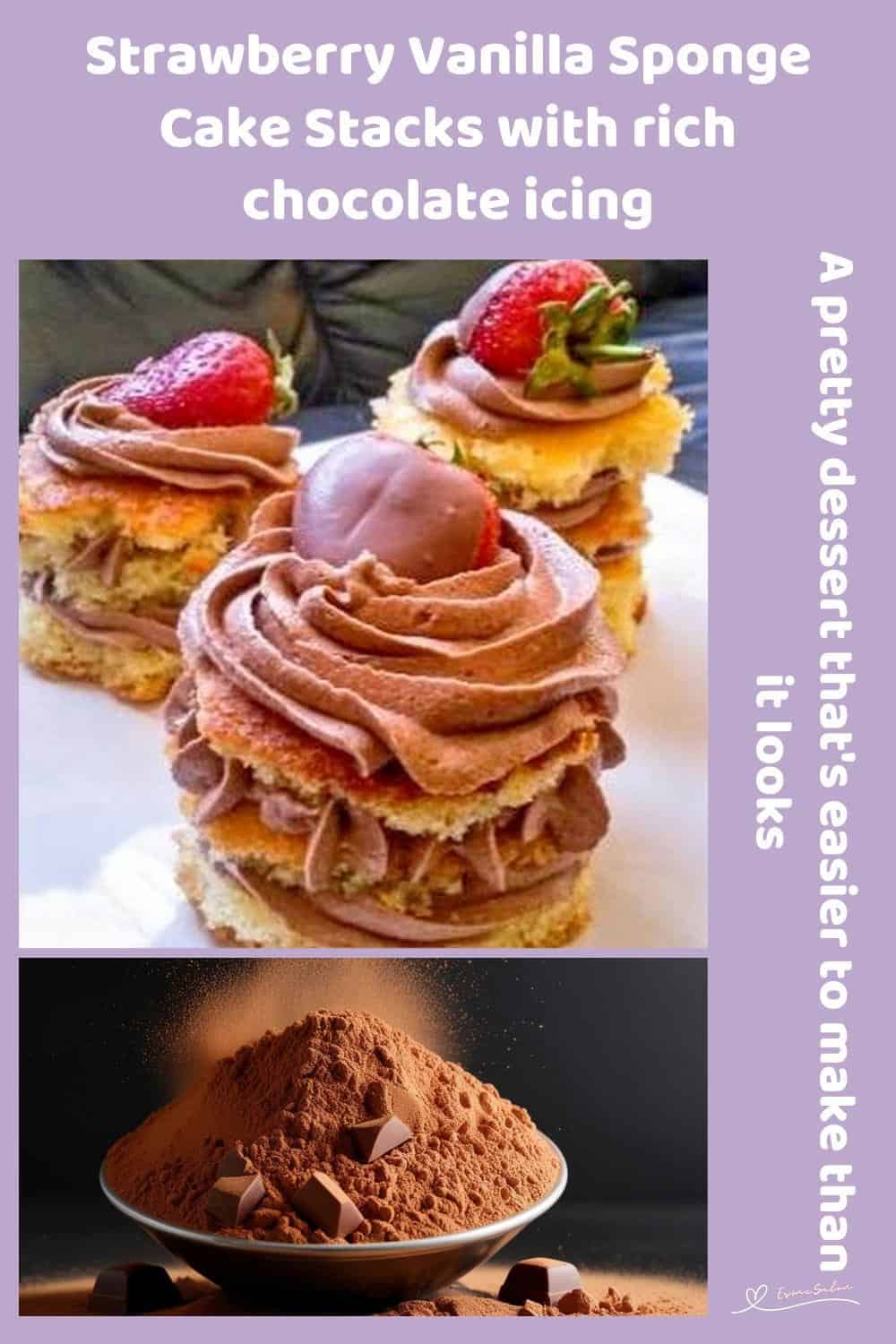 An image of Strawberry Vanilla Sponge Cake Stacks with chocolate icing and decorated with fresh strawberries